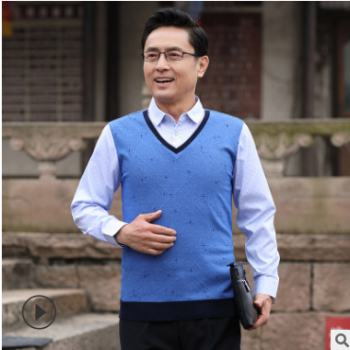 2019春装男式长袖T方领中老年针织体恤衫休闲男装假两件T恤批发图1