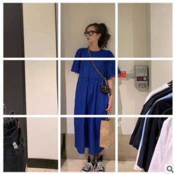 钱夫人 蓝色亚麻连衣裙女2019流行夏中长款过膝泡泡袖仙女T恤裙子