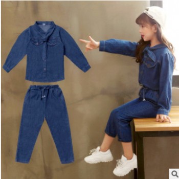 2019春季新款领口系带牛仔套装中大童童装韩版女童衣服春季潮款