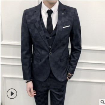 2019秋季新款男士西服套装 韩版修身男士格子西服三件套新郎礼服