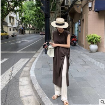 无袖T恤女夏季开叉不规则中长款韩版显瘦圆领外穿纯色体恤代发
