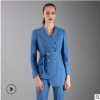欧美轻熟高级私人定制女装双排扣不规则下摆蓝色戗驳领西服裤套装