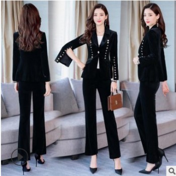 显瘦职业气质小西服时髦两件套潮2019新款女装金丝绒西装套装图1