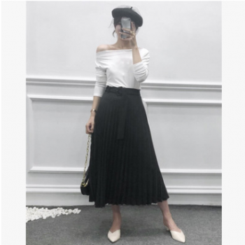 外贸2019欧美秋新款女装高腰百搭黑色系腰带百褶半身裙女4786296图1