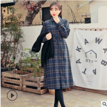 加工定制2019韩版单排扣连衣裙女宽松高腰衬衫裙打底娃娃裙中长裙