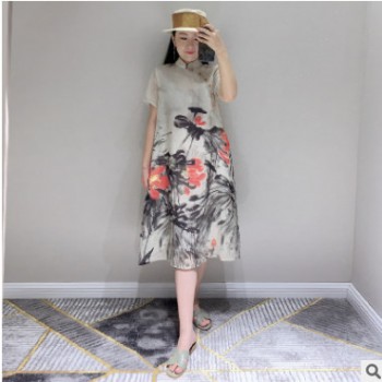 alongwithtx印花连衣裙女2019中国风旗袍改良气质定位印花中长裙