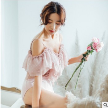 游泳衣女遮肚显瘦性感仙女范荷叶边镂空韩国新款连体泳衣厂家直销图1