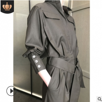 现货厂家批发立体口袋饰工装高腰宽松显瘦打褶时髦九分连身连体裤图1