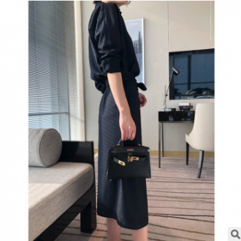 现货厂家批发 条纹衬衫连衣裙气质修身显瘦系带春季 中长款女装图1