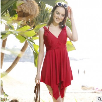 吉果加大码泳衣女连体裙式连体游泳衣裙式显瘦遮肚泳装钢托聚拢图1