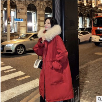 大毛领棉服女中长款冬季2019年新款ins韩版宽松加厚羽绒棉衣红色图1