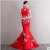 复古红色旗袍长款2019新款优雅修身性感蕾丝中式旗袍裙宴会晚礼服