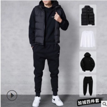四件套男士卫衣套装加绒加厚秋冬情侣款潮流连帽休闲运动冬季外套图1