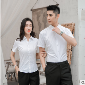 2019新款纯色男女同款短袖衬衫修身时尚商务休闲蓝白百搭衬衣短袖