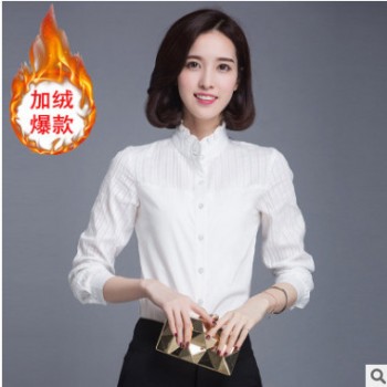 2019秋冬女式加绒打底保暖衣立领长袖加厚衬衫纯色小清新文艺衬衣