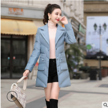 微供微商2019冬季新款羽绒棉服女中长款时尚修身显瘦西装领外套图1