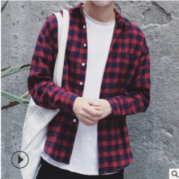 tb秋季新款棉衬衫男长袖格子日系衬衣男文艺休闲学院风一件代发潮图1