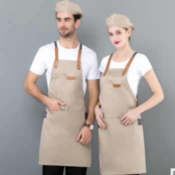 帆布围裙定制LOGO西餐厅烘焙蛋糕火锅店奶茶咖啡厅服务员挂脖围裙图1
