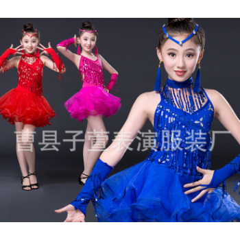 2019新款儿童拉丁舞裙女童亮片拉丁舞纱裙流苏烫钻舞蹈表演服装图1