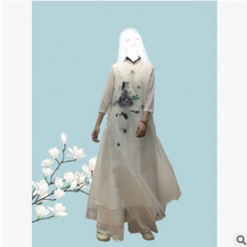 绣花蝴蝶连衣裙中式复古禅服长裙袍子图1