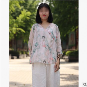 慢慢变蓝原创女装19春夏款 清透高级印花苎麻 玫红花 长款连衣裙图1