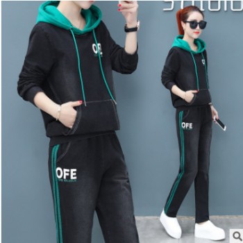 运动套装女春秋2019新款时尚韩版修身连帽卫衣大码休闲套装女潮图1