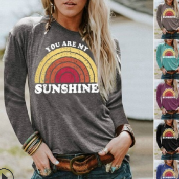 亚马逊速卖通秋季爆款 You Are My Sunshine字母印花圆领长袖t恤