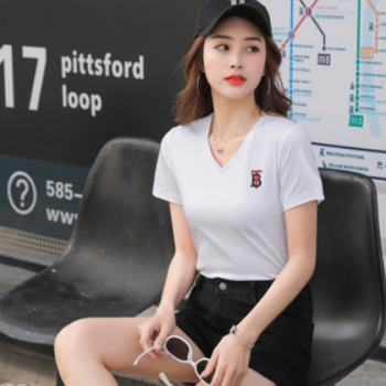 女式t恤 2020夏季新款 韩版百搭简约潮牌t恤衫丝光棉短袖V领T恤