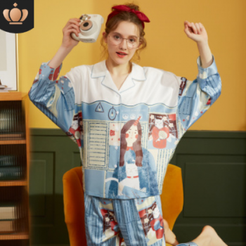 2020新款春季仿真丝睡衣女印花冰丝长袖薄款时尚可外穿家居服套装图1