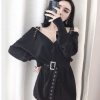 裙子女2020新款洋气气质性感女装v领长袖露肩夜店修身显瘦连衣裙