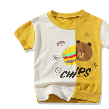 2019年夏季新款儿童拼接印小熊短袖T恤小童休闲T恤衫工厂现货直销