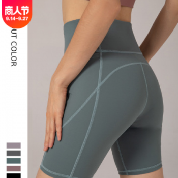 高腰裸感健身五分裤女紧身跑步骑行中裤蜜桃提臀瑜伽运动健身短裤图1
