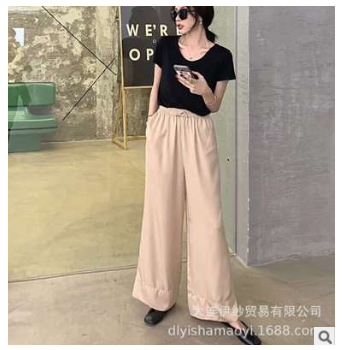 伊纱定制2019春夏新款甜美瑞丽ins风垂柔设计感纯色阔腿裤图1