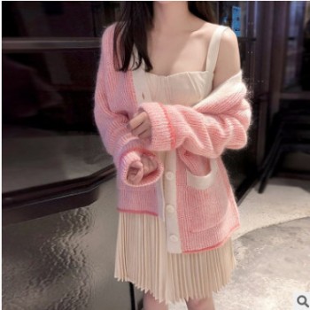 针织衫女秋装 新款粉色开衫时尚长袖V领毛衣外套