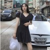 LIN 一衣三穿 波浪裙摆波点V领显瘦泡泡袖收腰连衣裙