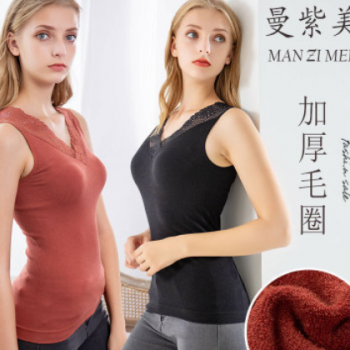 蕾丝毛圈绒保暖背心女女士单上衣保暖衣单件加厚图1