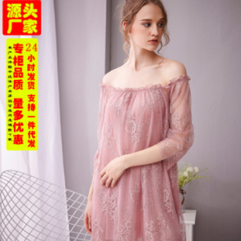性感透视一字肩宫廷风睡衣女士双层大码七分袖家居服蕾丝睡裙女夏图1