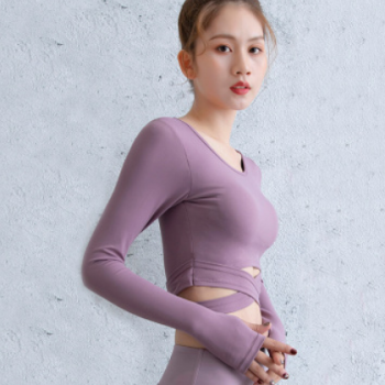 秋季新款带胸垫长款瑜伽上衣女外穿交叉性感速干跑步运动紧身衣图1