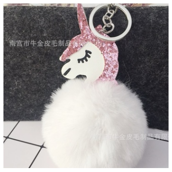 新款七彩亮片PU独角兽毛球挂件汽车钥匙扣饰品包时尚卡通挂饰批发图1