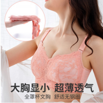 内衣女夏超薄款文胸罩无钢圈大码大胸显小聚拢调整型收副乳防下垂