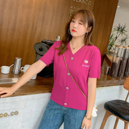 200斤大码女装针织衫女短袖T恤刺绣减龄胖mm紫色小雏菊上衣女1879图3