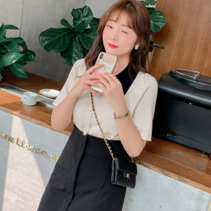 2020夏季新款大码女装200斤洋气减龄港风翻领撞色Polo针织衫7551图3