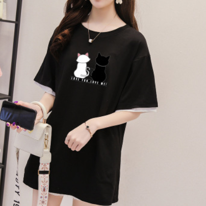 2020批发春夏季新款卡通时尚显瘦短袖中长款假两件T恤女上衣韩版图2