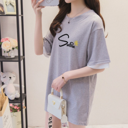 2020批发夏季韩版中长款假两件ins短袖T恤韩版学生女大码一件代发图3
