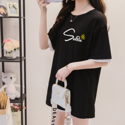 2020批发夏季韩版中长款假两件ins短袖T恤韩版学生女大码一件代发图2