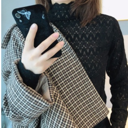 启宝【波浪水貂绒蕾丝衫】气质保暖女冬内搭花边小香风打底衫ins图3