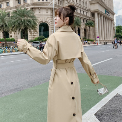 卡其色风衣女春中长款气质英伦风绑带收腰休闲外套过膝大衣图2