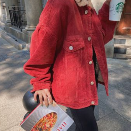 灯芯绒外套女2020冬季新款韩版宽松复古百搭加绒保暖加厚棉衣上衣图2