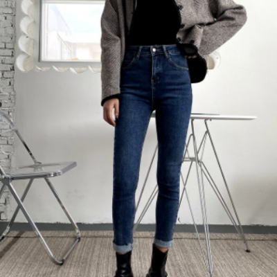 高腰加绒牛仔裤女2020秋冬新款弹力显瘦修身加厚铅笔小脚牛仔长裤