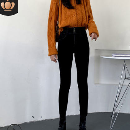 高腰抓绒牛仔裤女2020秋冬新款弹力显瘦修身加厚铅笔小脚牛仔长裤图1